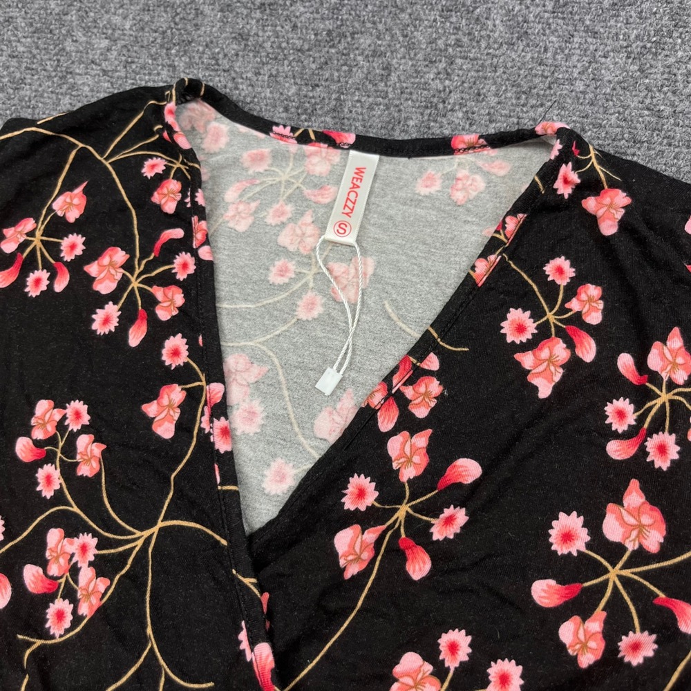 WEACZZY Floral Faux Wrap Empire Waist Short Sleeve Black Pink A-Line Dress